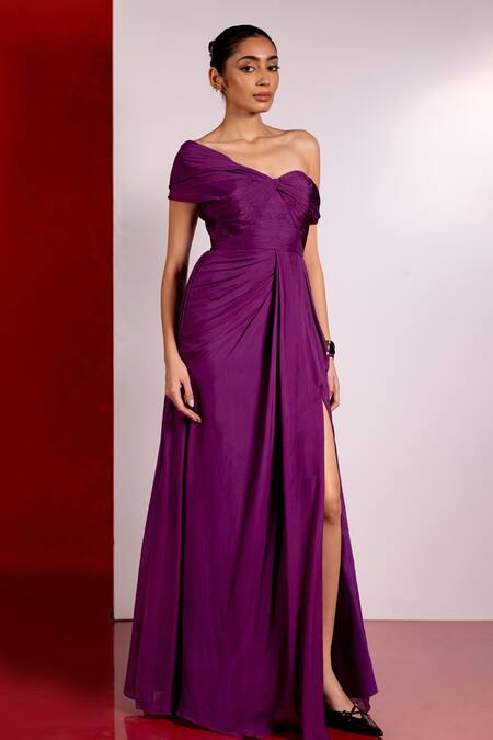 Buy_Pinup By Astha_Purple Chiffon One Shoulder Asymmetric Sleeve Gown _Online_at_Aza_Fashions