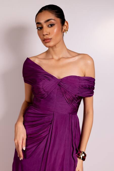 Shop_Pinup By Astha_Purple Chiffon One Shoulder Asymmetric Sleeve Gown _Online_at_Aza_Fashions