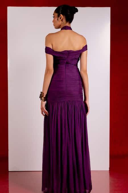 Pinup By Astha Purple Off Shoulder Ruched Gown 