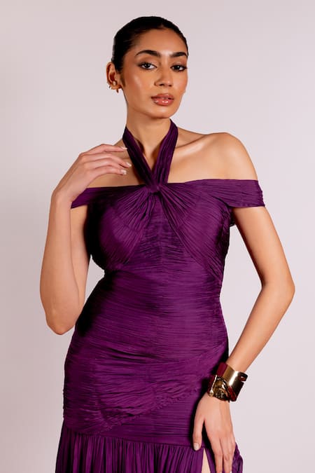 Shop_Pinup By Astha_Purple Chiffon Off-shoulder Off Ruched Gown _Online_at_Aza_Fashions