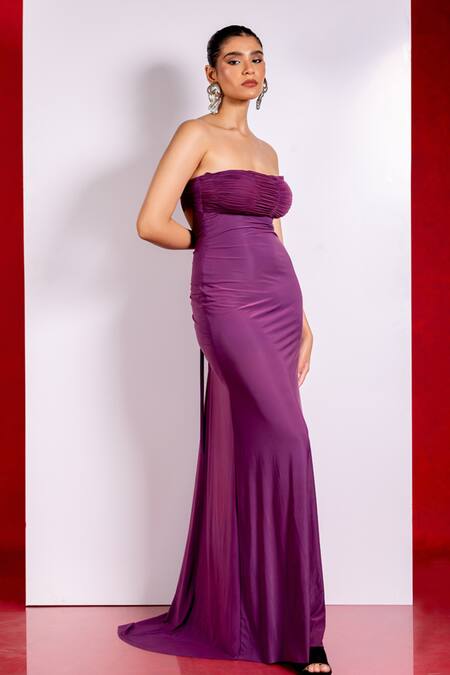 Pinup By Astha_Purple Chiffon Off-shoulder Off Ruched Bodice Gown _Online_at_Aza_Fashions