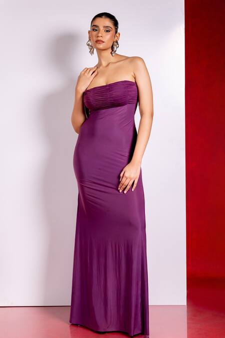 Buy_Pinup By Astha_Purple Chiffon Off-shoulder Off Ruched Bodice Gown _Online_at_Aza_Fashions