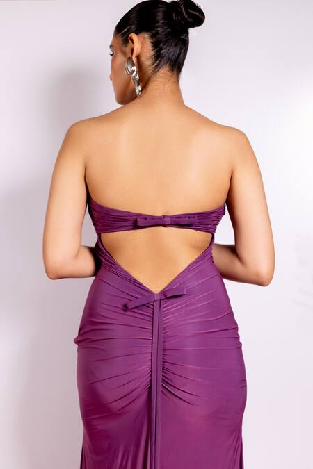 Pinup By Astha_Purple Chiffon Off-shoulder Off Ruched Bodice Gown _at_Aza_Fashions