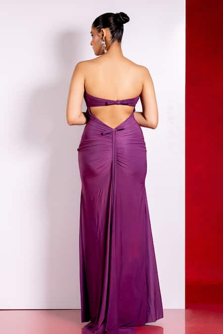 Pinup By Astha Purple Off Shoulder Ruched Bodice Gown 