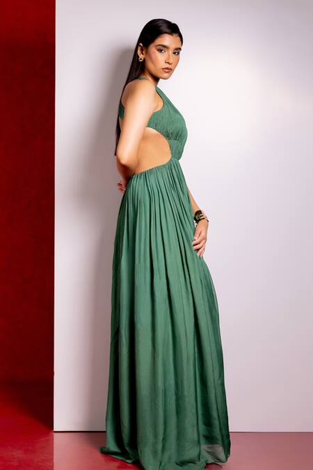 Pinup By Astha_Green Chiffon Halter Neck Olive Hand Pleated Gown _Online_at_Aza_Fashions