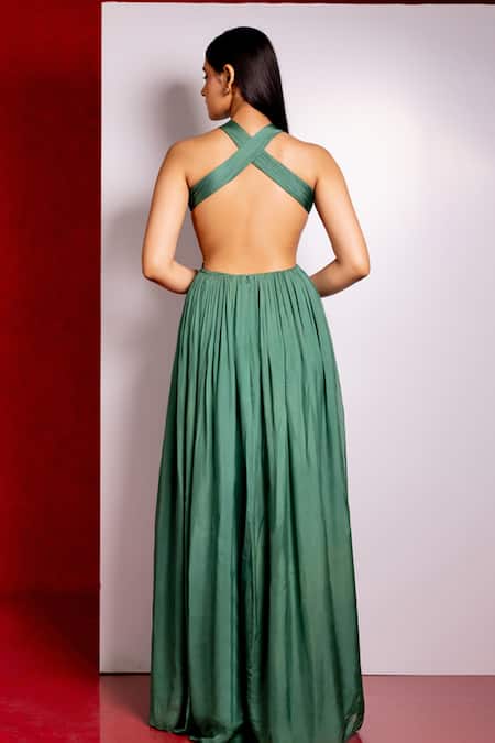 Pinup By Astha Olive Green Hand Pleated Halter Neck Gown 