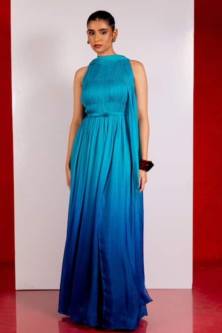 Buy_Pinup By Astha_Blue Chiffon Halter Neck Shaded Designer Gown _Online_at_Aza_Fashions