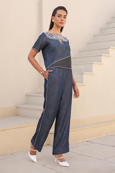 Raw & Rustic By Niti Bothra_Blue Tencel, Denim Embroidery Boat Neck Floral Top And Pant Set _Online_at_Aza_Fashions