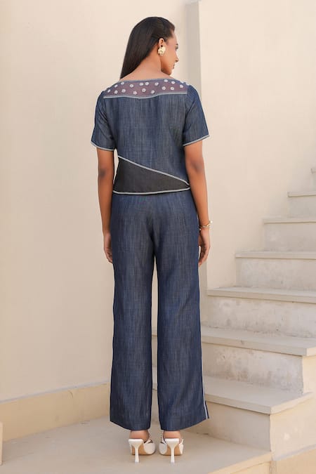 Shop_Raw & Rustic By Niti Bothra_Blue Tencel, Denim Embroidery Boat Neck Floral Top And Pant Set _at_Aza_Fashions