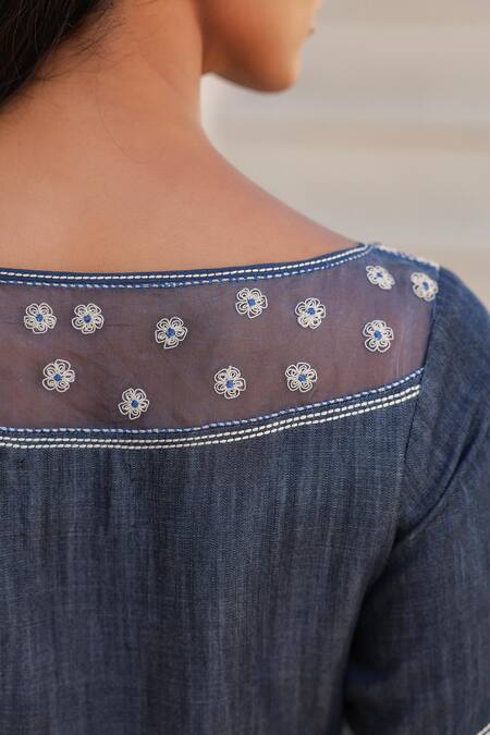 Buy_Raw & Rustic By Niti Bothra_Blue Tencel, Denim Embroidery Boat Neck Floral Top And Pant Set _Online_at_Aza_Fashions