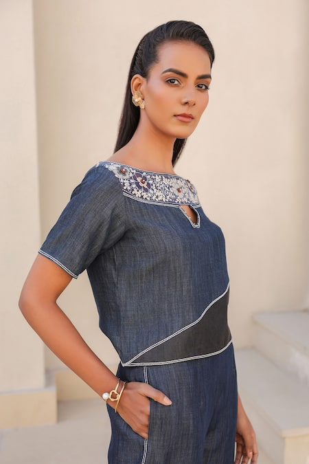 Shop_Raw & Rustic By Niti Bothra_Blue Tencel, Denim Embroidery Boat Neck Floral Top And Pant Set _Online_at_Aza_Fashions