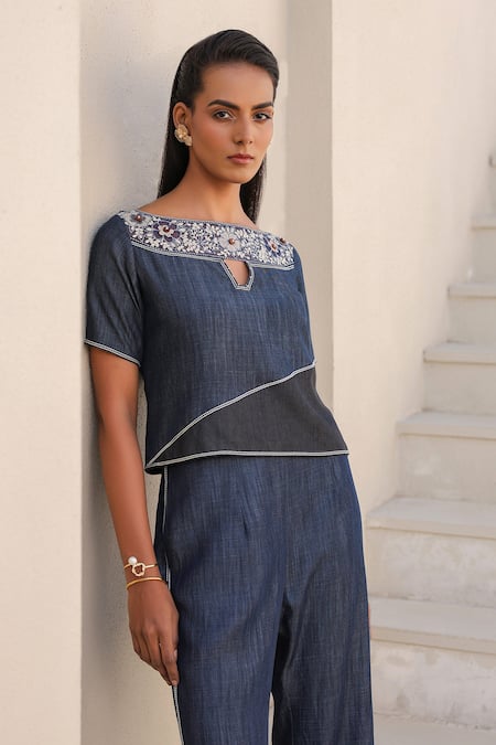 Raw & Rustic By Niti Bothra_Blue Tencel, Denim Embroidery Boat Neck Floral Top And Pant Set _at_Aza_Fashions