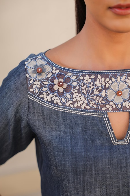 Buy_Raw & Rustic By Niti Bothra_Blue Tencel, Denim Embroidery Boat Neck Floral Top And Pant Set 