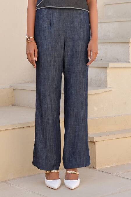 Shop Raw & Rustic By Niti Bothra Blue Tencel, Denim Embroidery Boat Neck Floral Top And Pant Set Shop_Raw & Rustic By Niti Bothra_Blue Tencel, Denim Embroidery Boat Neck Floral Top And Pant Set