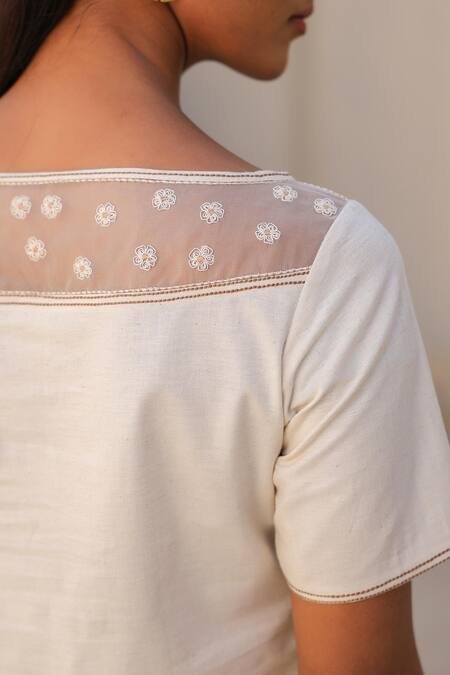 Buy_Raw & Rustic By Niti Bothra_Ivory Linen, Cotton Embroidery Boat Neck Bloom Top And Pant Set _Online_at_Aza_Fashions