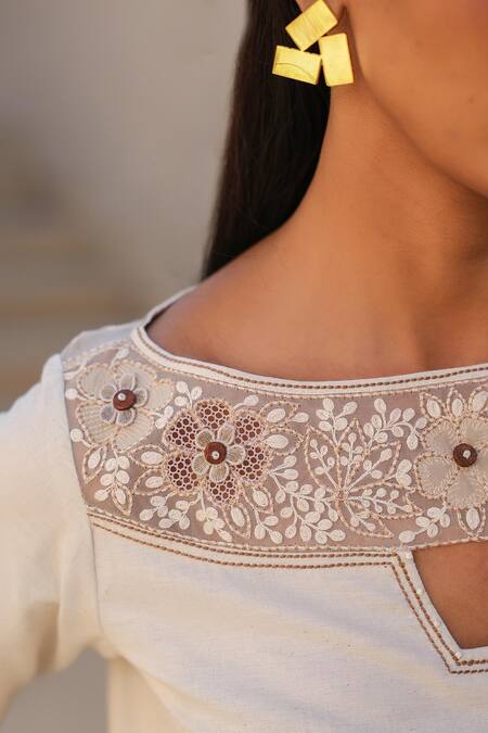 Shop_Raw & Rustic By Niti Bothra_Ivory Linen, Cotton Embroidery Boat Neck Bloom Top And Pant Set _Online_at_Aza_Fashions