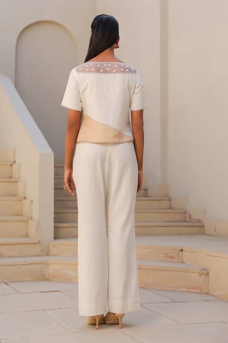 Shop_Raw & Rustic By Niti Bothra_Ivory Linen, Cotton Embroidery Boat Neck Bloom Top And Pant Set _at_Aza_Fashions