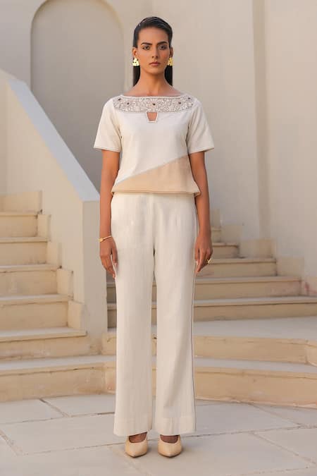 Buy_Raw & Rustic By Niti Bothra_Ivory Linen, Cotton Embroidery Boat Neck Bloom Top And Pant Set 