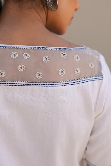 Raw & Rustic By Niti Bothra_White Cotton, Denim Beads Boat Neck Blossom Embroidered Top And Pant Set _Online_at_Aza_Fashions