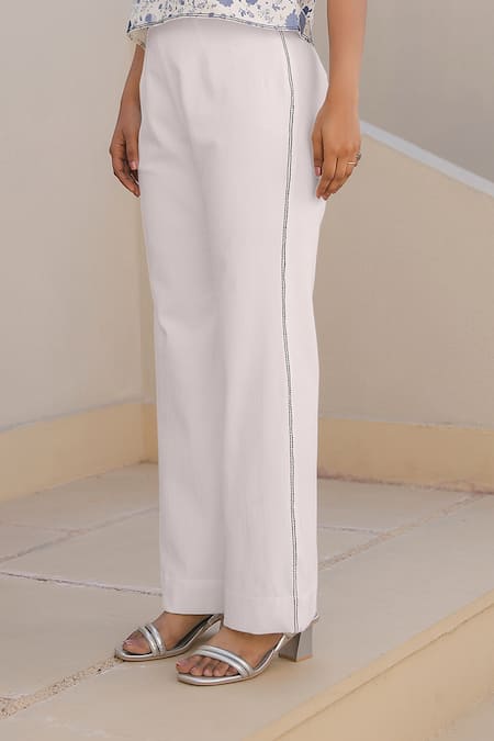 Buy Raw & Rustic By Niti Bothra White Cotton, Denim Beads Boat Neck Blossom Embroidered Top And Pant Set Online at Aza Fashions Buy_Raw & Rustic By Niti Bothra_White Cotton, Denim Beads Boat Neck Blossom Embroidered Top And Pant Set _Online_at_Aza_Fashions