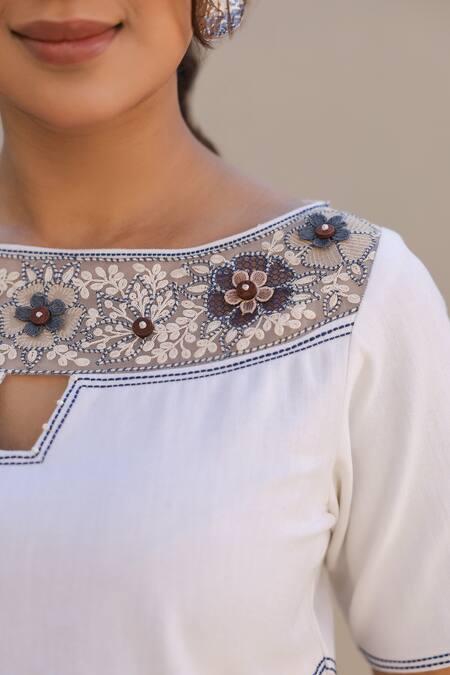 Raw & Rustic By Niti Bothra_White Cotton, Denim Beads Boat Neck Blossom Embroidered Top And Pant Set _at_Aza_Fashions