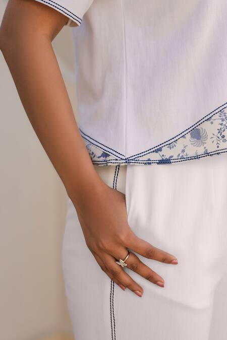 Buy_Raw & Rustic By Niti Bothra_White Cotton, Denim Beads Boat Neck Blossom Embroidered Top And Pant Set 