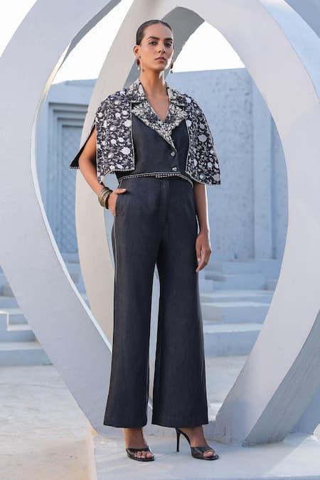 Raw & Rustic By Niti Bothra_Black Tencel Floral Print Crop Cape Jacket And Flared Pant _Online_at_Aza_Fashions