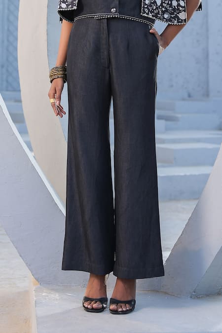 Shop Raw & Rustic By Niti Bothra Black Tencel Floral Print Crop Cape Jacket And Flared Pant Online at Aza Fashions Shop_Raw & Rustic By Niti Bothra_Black Tencel Floral Print Crop Cape Jacket And Flared Pant _Online_at_Aza_Fashions