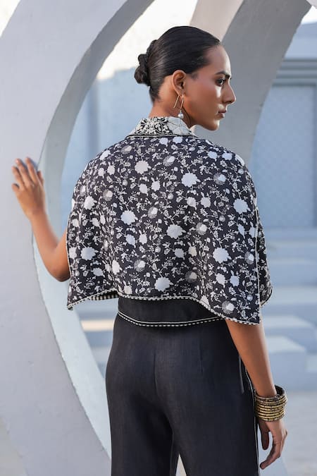 Shop_Raw & Rustic By Niti Bothra_Black Tencel Floral Print Crop Cape Jacket And Flared Pant _at_Aza_Fashions