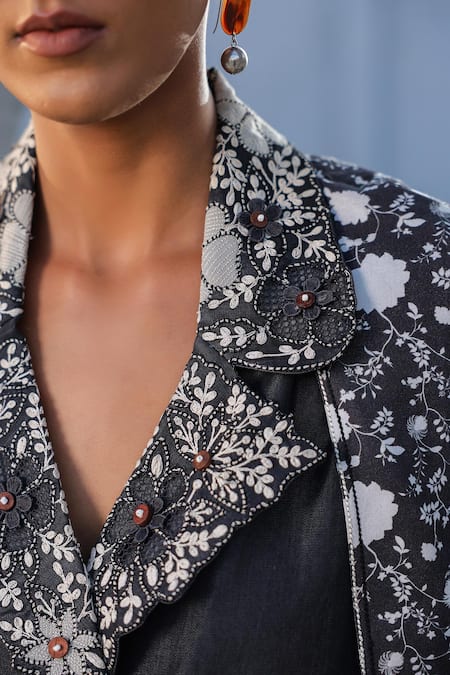 Raw & Rustic By Niti Bothra_Black Tencel Floral Print Crop Cape Jacket And Flared Pant _at_Aza_Fashions