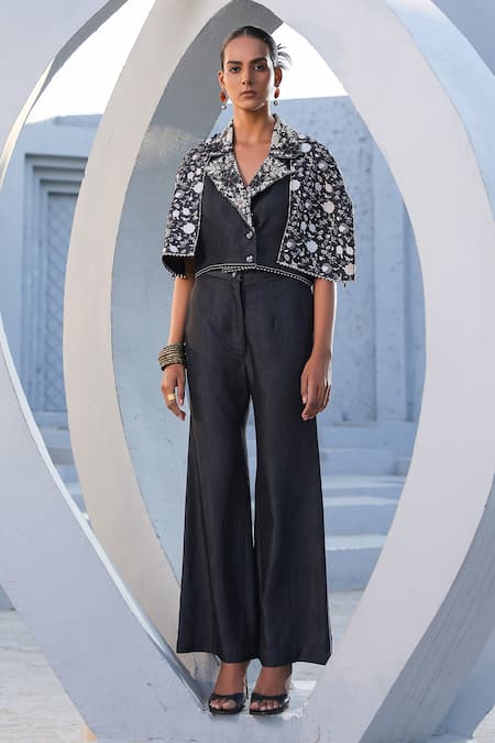 Buy_Raw & Rustic By Niti Bothra_Black Tencel Floral Print Crop Cape Jacket And Flared Pant 
