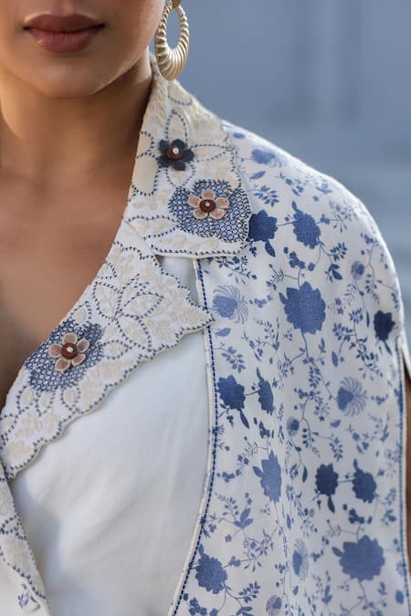 Raw & Rustic By Niti Bothra_White Denim Floral Print Crop Cape Jacket And Skirt _Online_at_Aza_Fashions