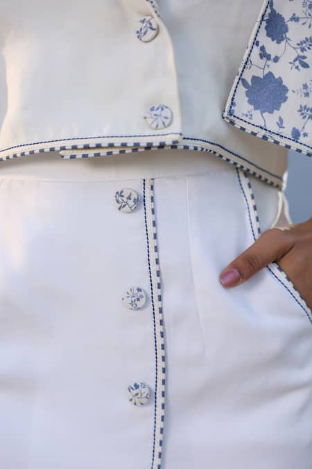 Buy_Raw & Rustic By Niti Bothra_White Denim Floral Print Crop Cape Jacket And Skirt _Online_at_Aza_Fashions