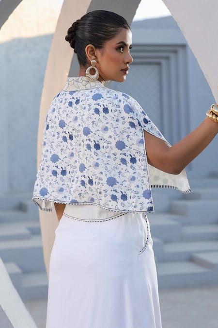 Shop_Raw & Rustic By Niti Bothra_White Denim Floral Print Crop Cape Jacket And Skirt _at_Aza_Fashions