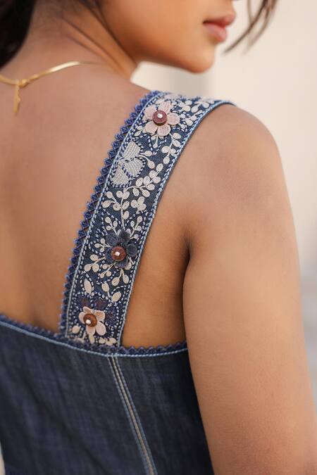 Raw & Rustic By Niti Bothra_Blue Tencel Embroidery Square Neck Floral Corset Dress _Online_at_Aza_Fashions