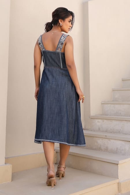 Shop_Raw & Rustic By Niti Bothra_Blue Tencel Embroidery Square Neck Floral Corset Dress _at_Aza_Fashions