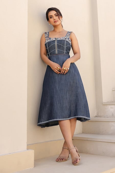 Shop_Raw & Rustic By Niti Bothra_Blue Tencel Embroidery Square Neck Floral Corset Dress _Online_at_Aza_Fashions