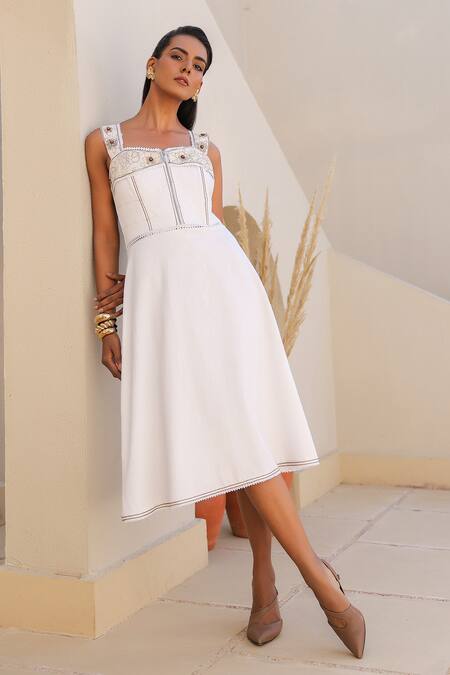 Shop_Raw & Rustic By Niti Bothra_White Cotton Embroidery Square Neck Bloom Corset Dress _Online_at_Aza_Fashions