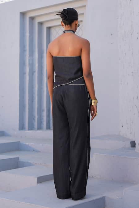 Shop_Raw & Rustic By Niti Bothra_Black Tencel Embroidery, Diamonds Halter Neck 3d Dori Bloom Top And Flared Pant _at_Aza_Fashions