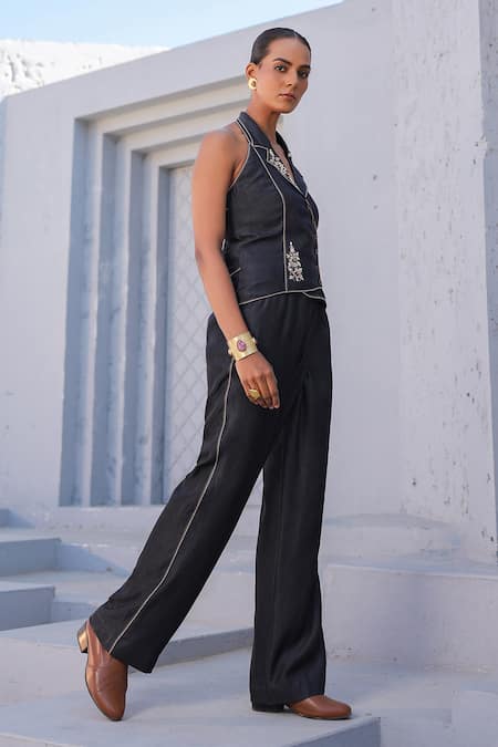 Raw & Rustic By Niti Bothra_Black Tencel Embroidery, Diamonds Halter Neck 3d Dori Bloom Top And Flared Pant _Online_at_Aza_Fashions
