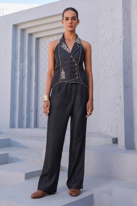 Shop_Raw & Rustic By Niti Bothra_Black Tencel Embroidery, Diamonds Halter Neck 3d Dori Bloom Top And Flared Pant _Online_at_Aza_Fashions