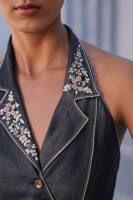 Raw & Rustic By Niti Bothra_Black Tencel Embroidery, Diamonds Halter Neck 3d Dori Bloom Top And Flared Pant _at_Aza_Fashions