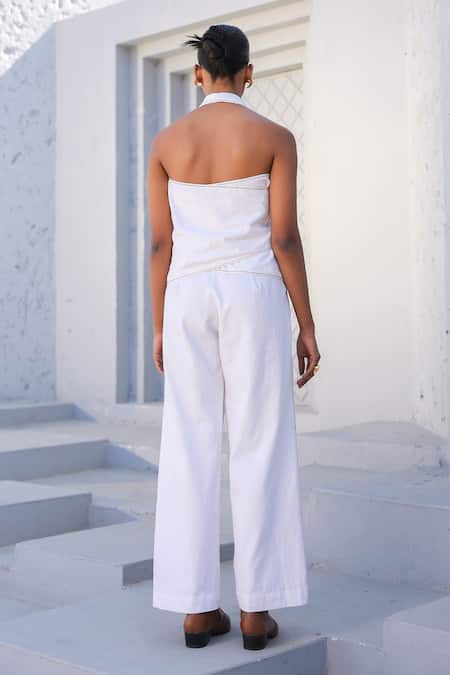 Shop_Raw & Rustic By Niti Bothra_White Cotton, Denim Embroidery Halter Neck 3d Dori Bloom Top And Flared Pant _at_Aza_Fashions
