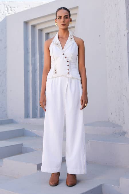 Raw & Rustic By Niti Bothra_White Cotton, Denim Embroidery Halter Neck 3d Dori Bloom Top And Flared Pant _Online_at_Aza_Fashions