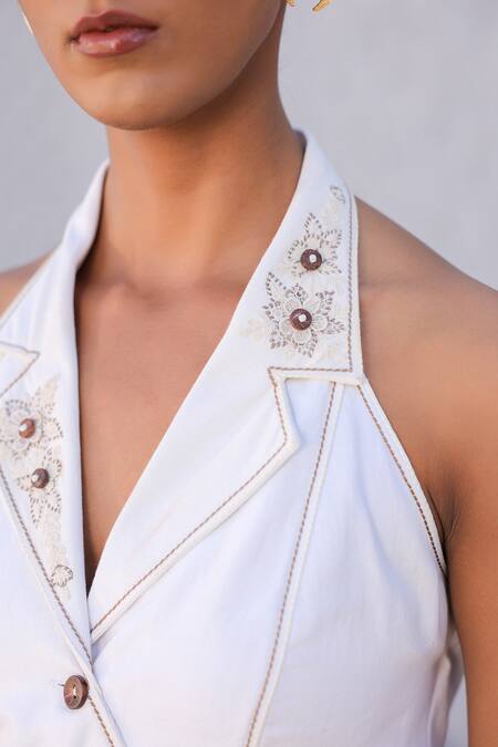 Shop_Raw & Rustic By Niti Bothra_White Cotton, Denim Embroidery Halter Neck 3d Dori Bloom Top And Flared Pant _Online_at_Aza_Fashions
