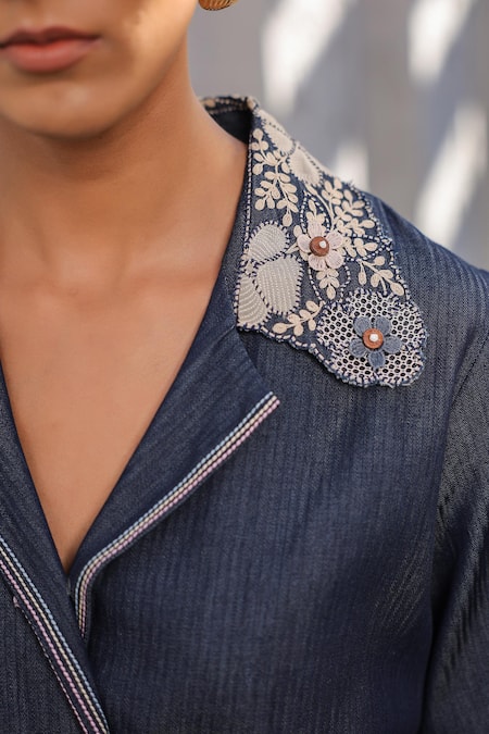 Buy_Raw & Rustic By Niti Bothra_Blue Tencel, Denim Embroidery Collared 3d Dori Floral Jacket And Pant Set _Online_at_Aza_Fashions