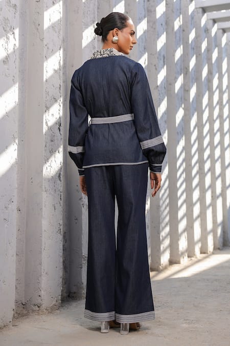 Shop_Raw & Rustic By Niti Bothra_Blue Tencel, Denim Embroidery Collared 3d Dori Floral Jacket And Pant Set _at_Aza_Fashions