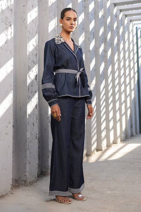 Shop_Raw & Rustic By Niti Bothra_Blue Tencel, Denim Embroidery Collared 3d Dori Floral Jacket And Pant Set _Online_at_Aza_Fashions