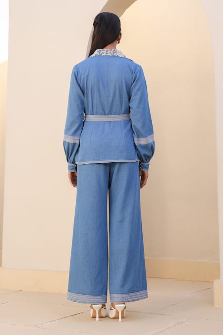 Shop_Raw & Rustic By Niti Bothra_Blue Tencel, Denim Embroidery Collared 3d Dori Flower Jacket Set _at_Aza_Fashions