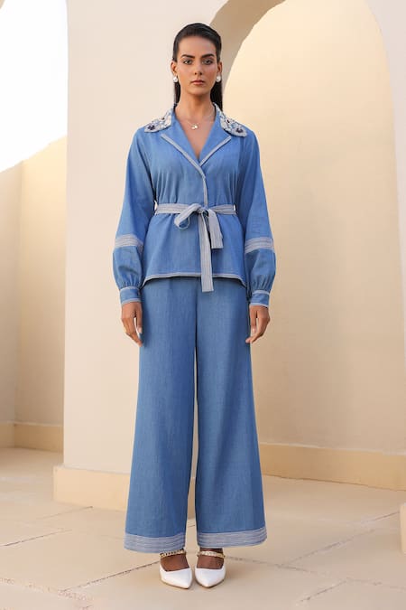 Buy_Raw & Rustic By Niti Bothra_Blue Tencel, Denim Embroidery Collared 3d Dori Flower Jacket Set _Online_at_Aza_Fashions